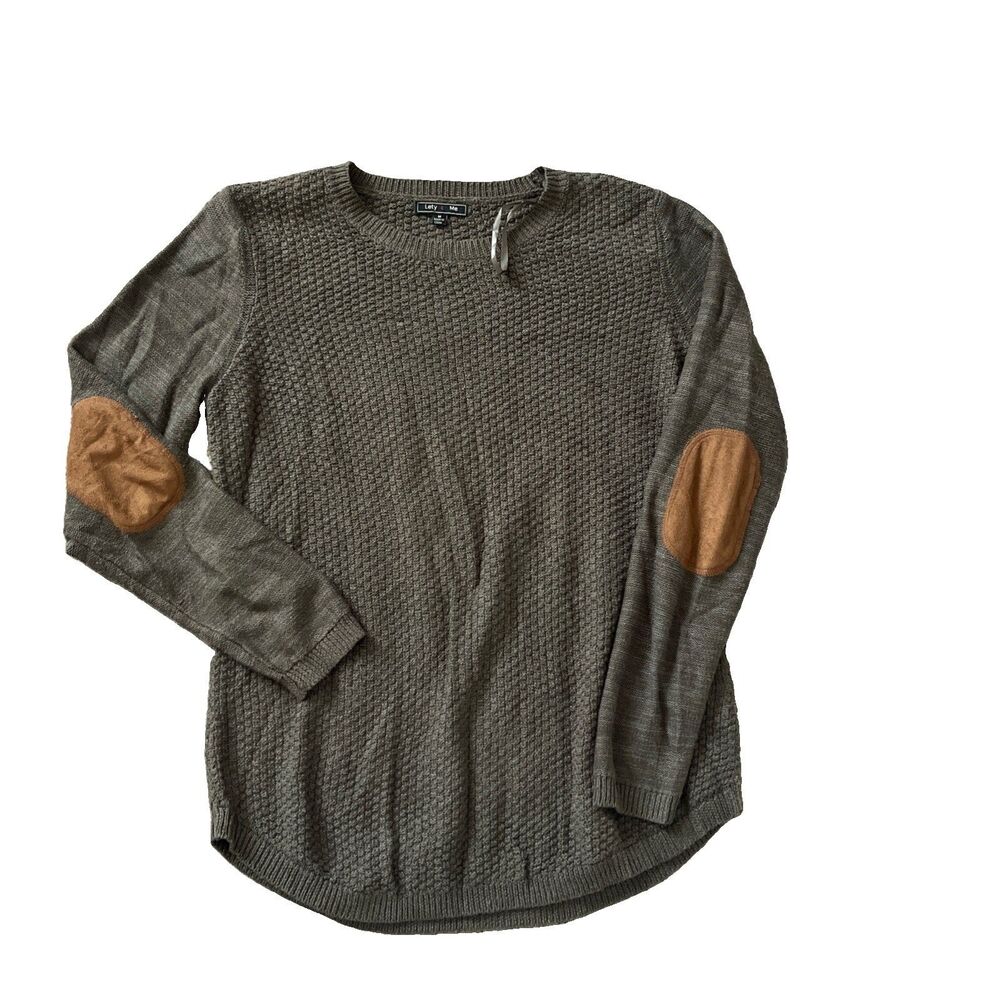 Leti & Me Josey Sweater Basketweave Pullover Olive Green Elbow Patches M